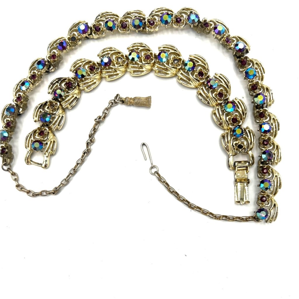 Coro Red Aurora Borealis Rhinestone Necklace 14-18" Bracelet 7.25" Vtg Set Read